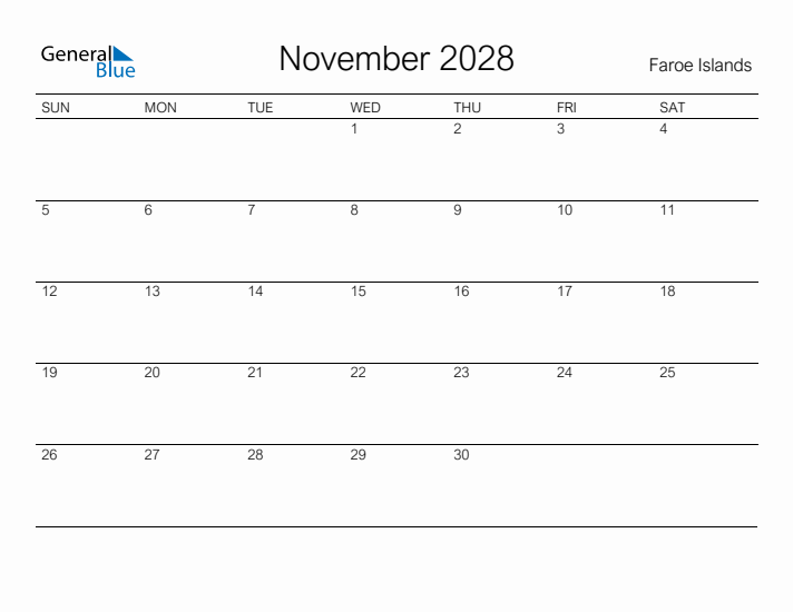 Printable November 2028 Calendar for Faroe Islands