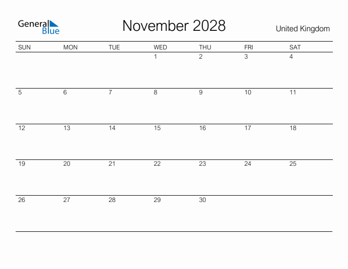 Printable November 2028 Calendar for United Kingdom