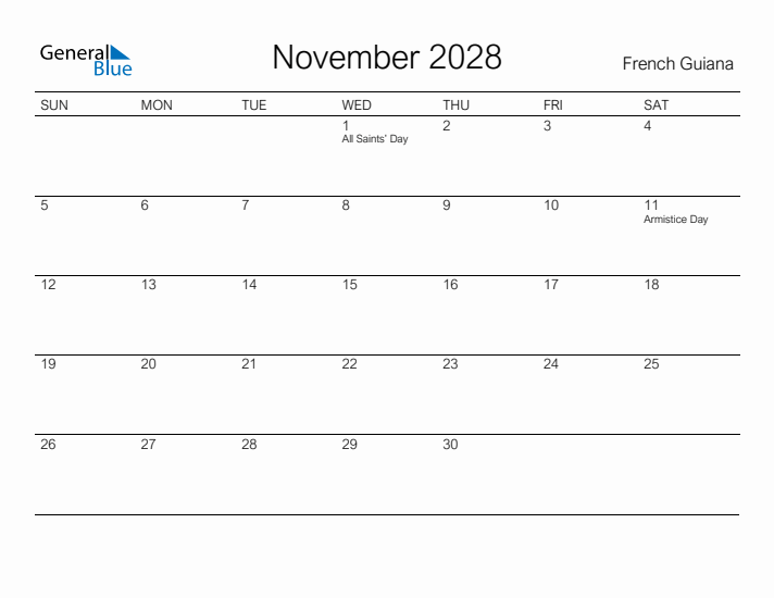 Printable November 2028 Calendar for French Guiana
