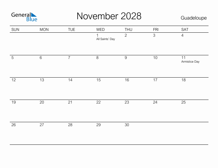 Printable November 2028 Calendar for Guadeloupe