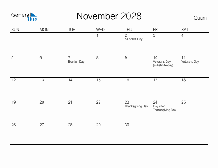 Printable November 2028 Calendar for Guam