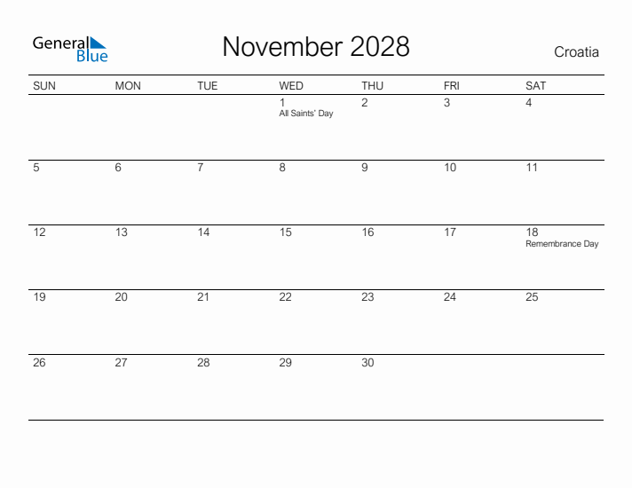Printable November 2028 Calendar for Croatia
