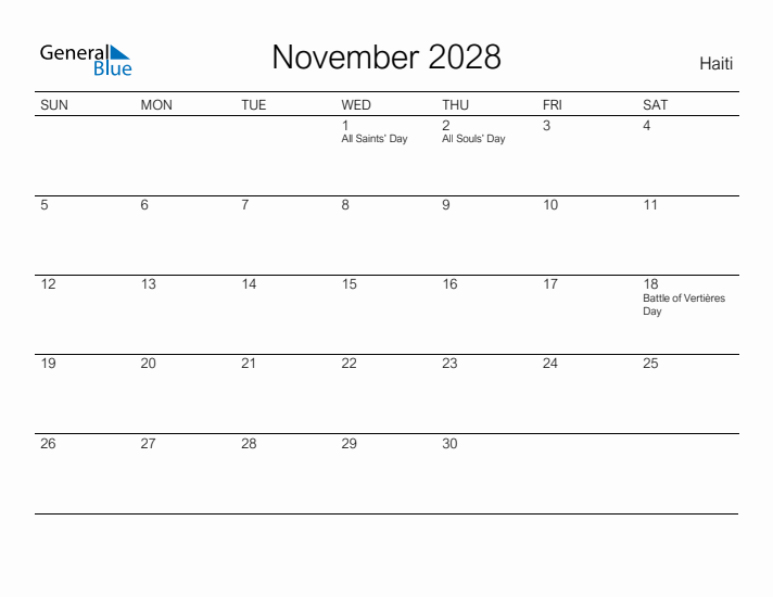 Printable November 2028 Calendar for Haiti