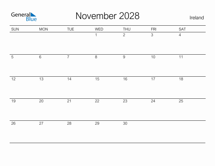 Printable November 2028 Calendar for Ireland