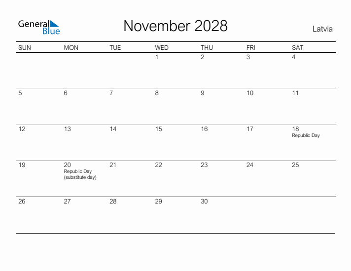 Printable November 2028 Calendar for Latvia