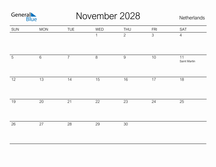 Printable November 2028 Calendar for The Netherlands