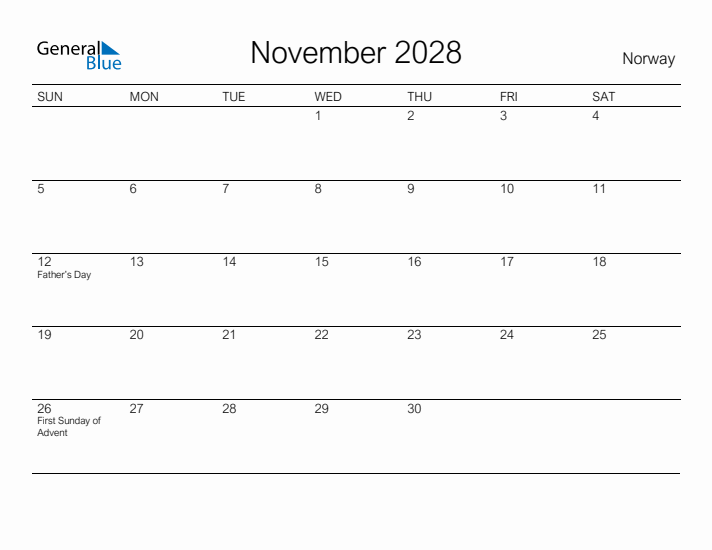 Printable November 2028 Calendar for Norway