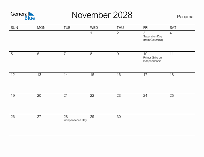 Printable November 2028 Calendar for Panama