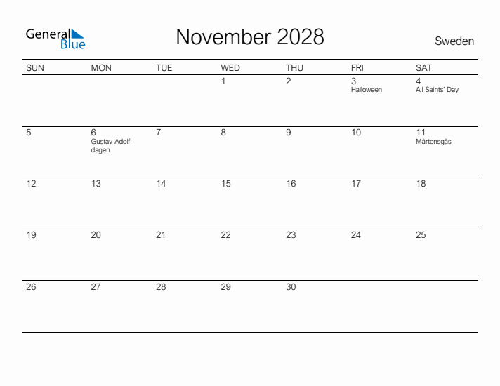 Printable November 2028 Calendar for Sweden