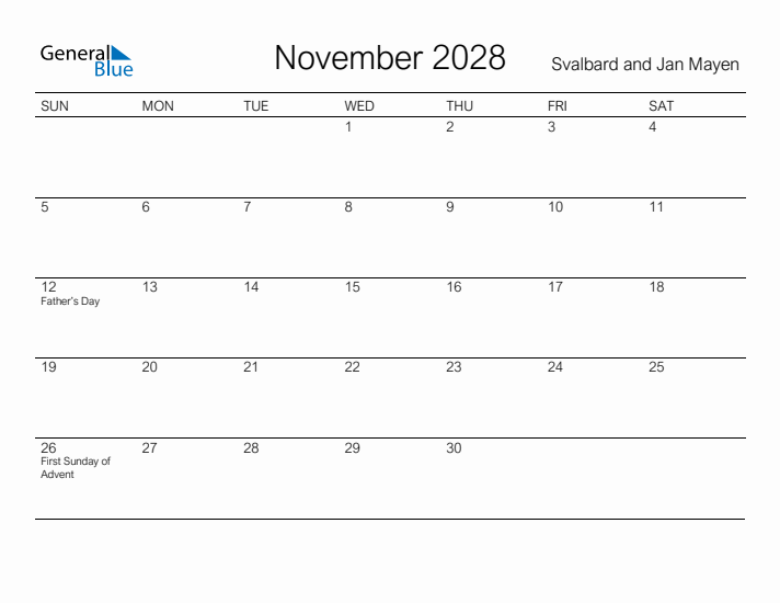 Printable November 2028 Calendar for Svalbard and Jan Mayen