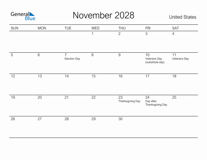Printable November 2028 Calendar for United States