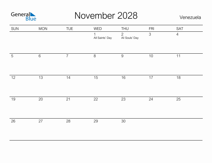 Printable November 2028 Calendar for Venezuela