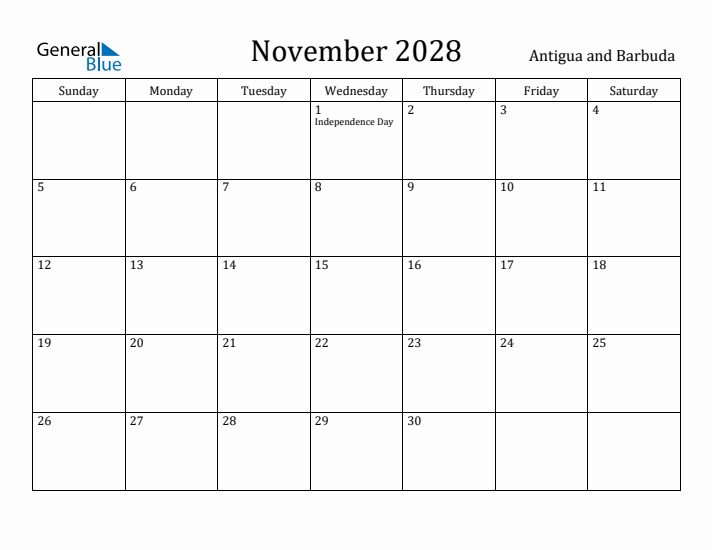 November 2028 Calendar Antigua and Barbuda