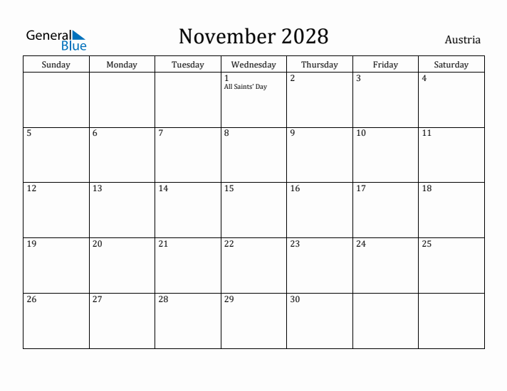 November 2028 Calendar Austria