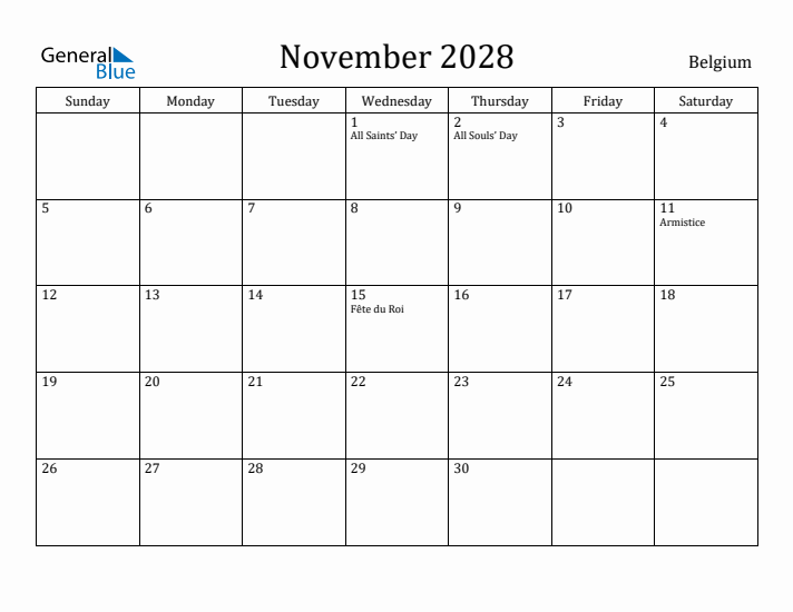 November 2028 Calendar Belgium