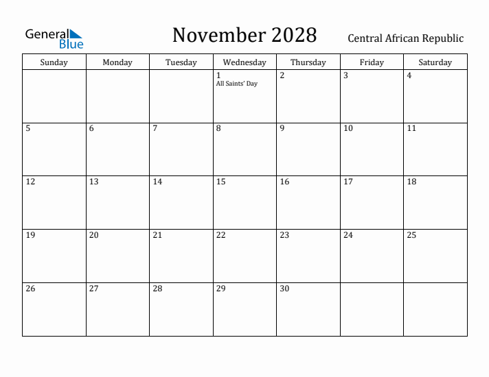 November 2028 Calendar Central African Republic