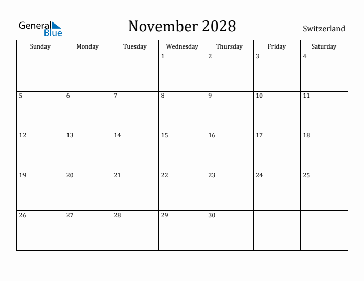 November 2028 Calendar Switzerland