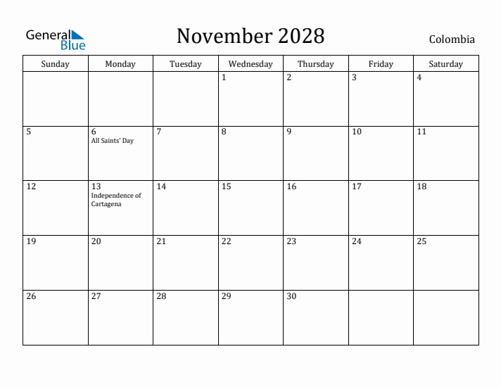 November 2028 Calendar Colombia