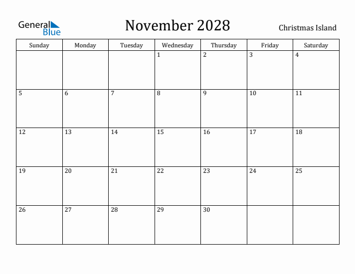 November 2028 Calendar Christmas Island