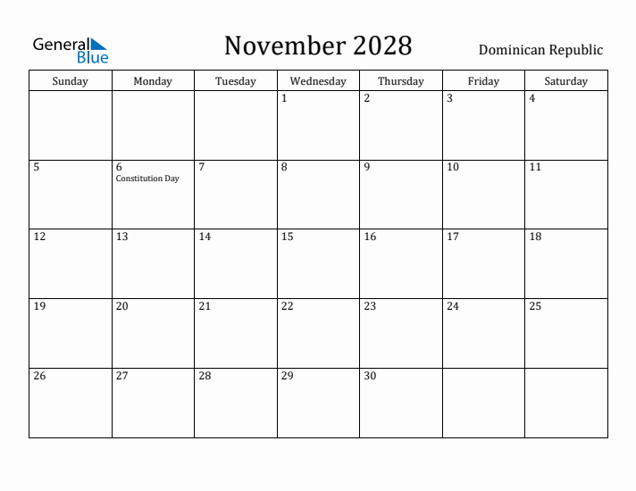 November 2028 Calendar Dominican Republic