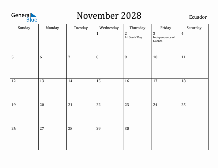 November 2028 Calendar Ecuador