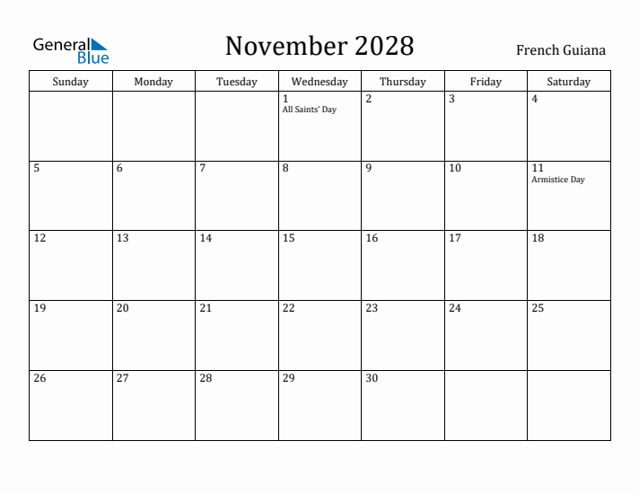 November 2028 Calendar French Guiana