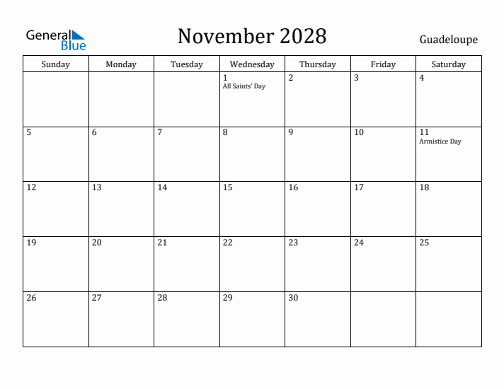 November 2028 Calendar Guadeloupe