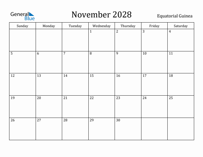 November 2028 Calendar Equatorial Guinea