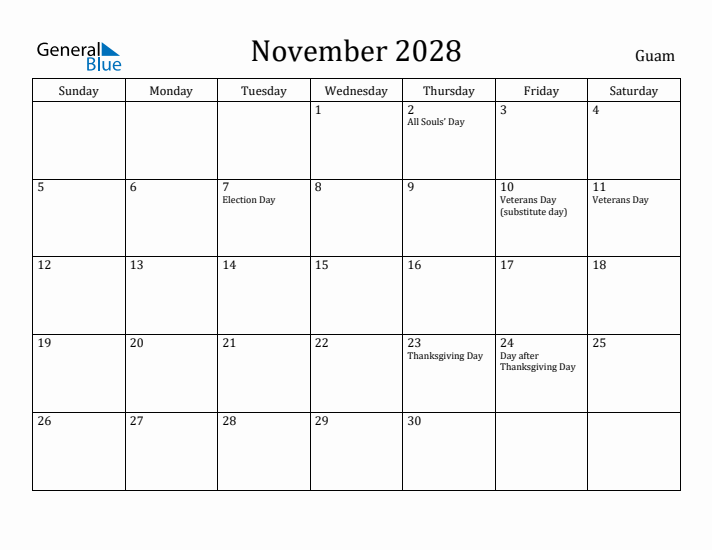 November 2028 Calendar Guam
