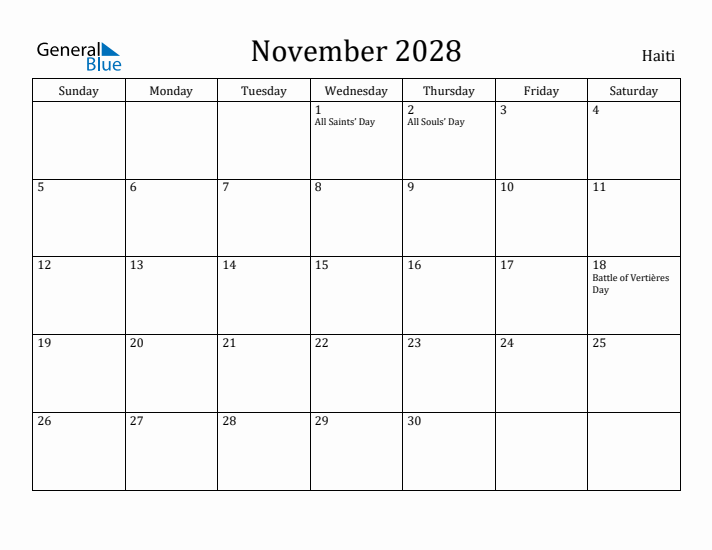 November 2028 Calendar Haiti