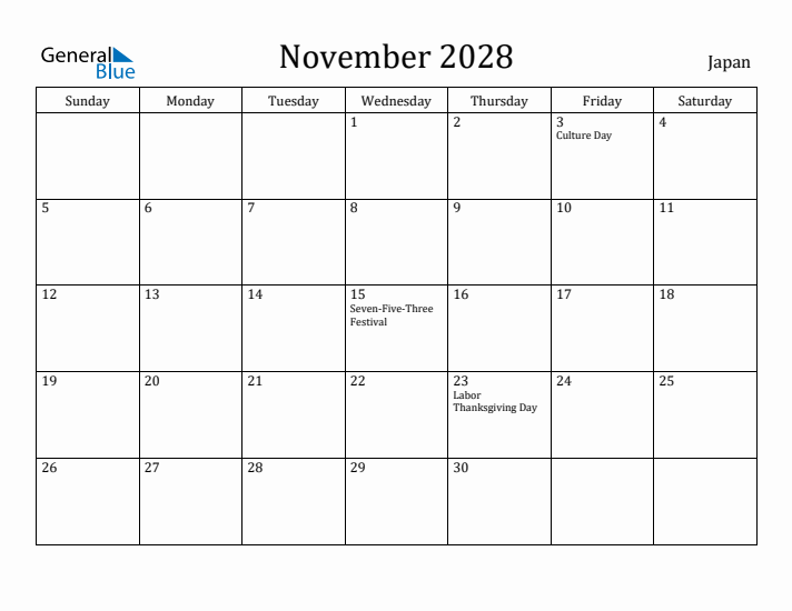 November 2028 Calendar Japan