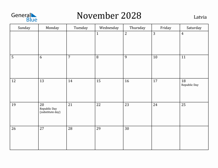 November 2028 Calendar Latvia