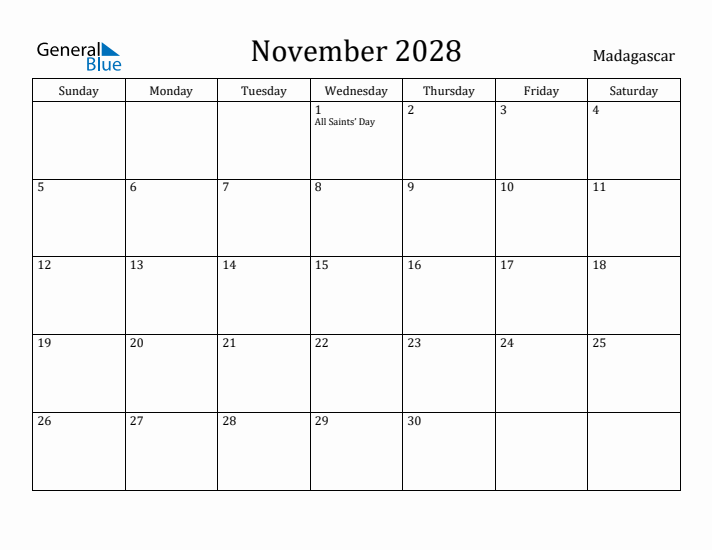 November 2028 Calendar Madagascar
