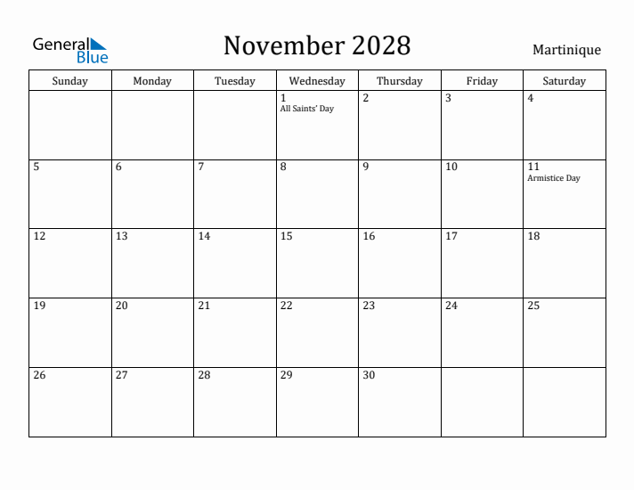 November 2028 Calendar Martinique