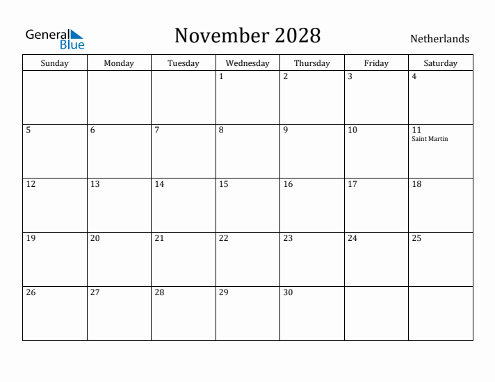November 2028 Calendar The Netherlands