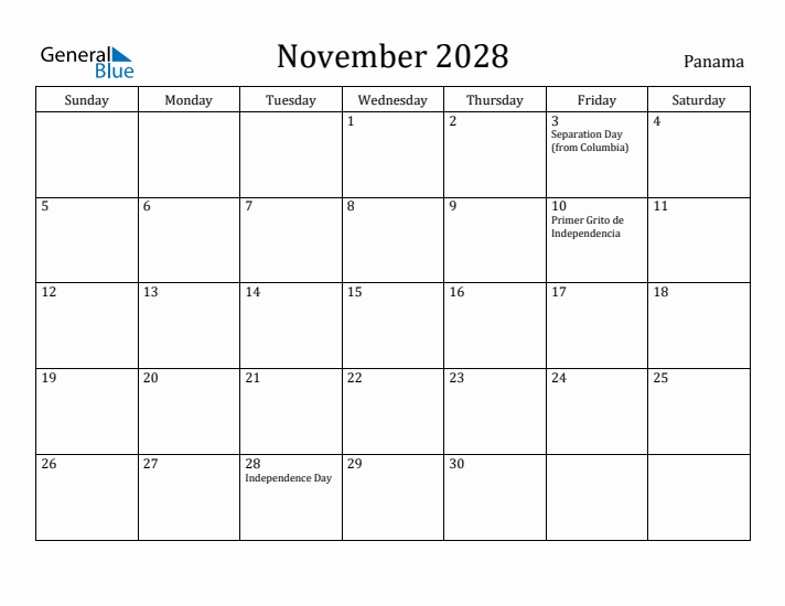 November 2028 Calendar Panama