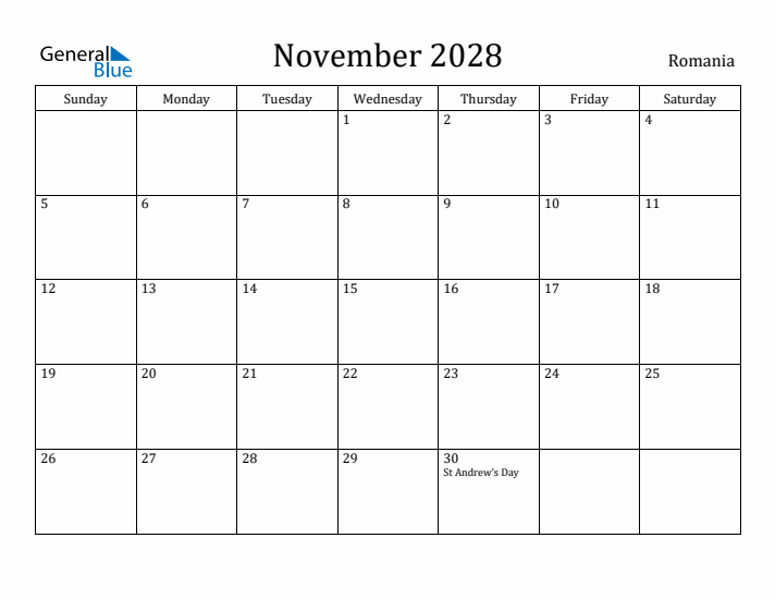 November 2028 Calendar Romania