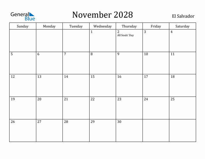 November 2028 Calendar El Salvador