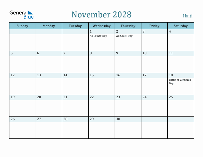 November 2028 Calendar with Holidays