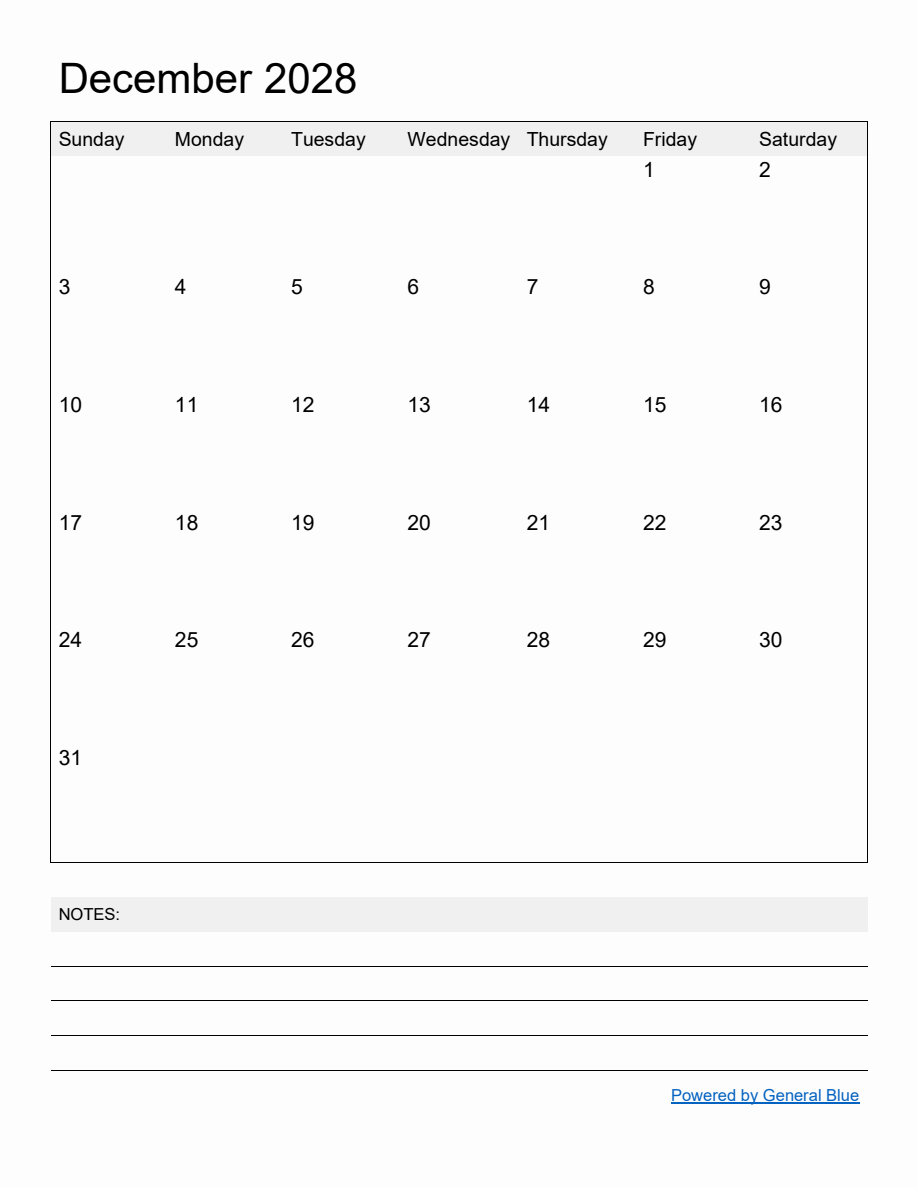 Free Printable Monthly Calendar For December 2028