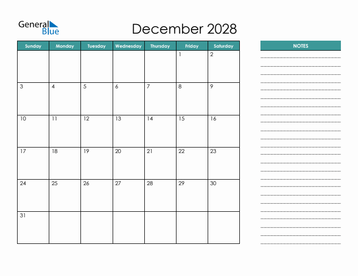 December 2028 Calendar with Notes