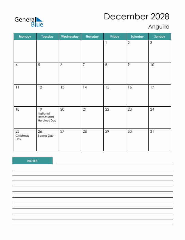 December 2028 Anguilla Monthly Calendar With Holidays