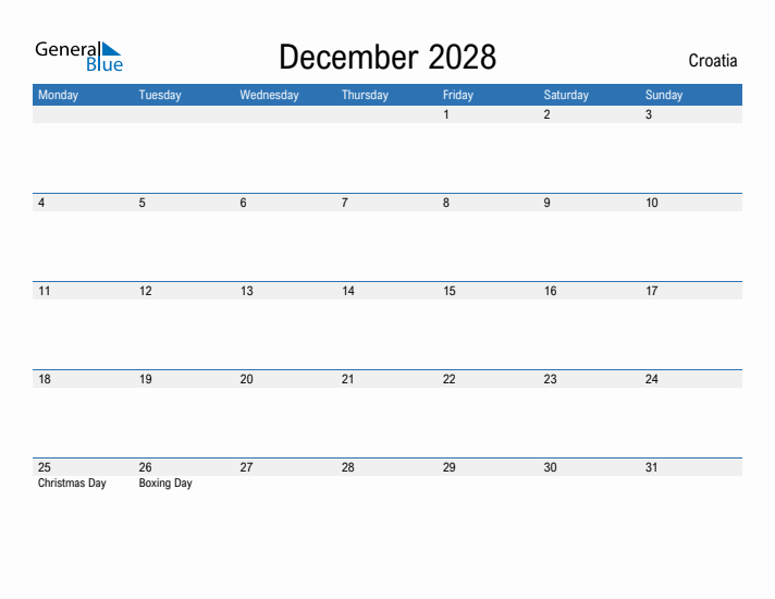 Fillable December 2028 Calendar