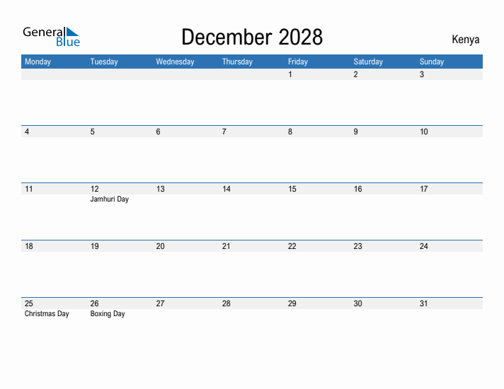 Fillable December 2028 Calendar