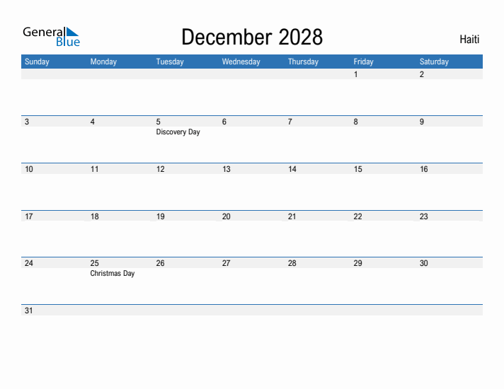 Editable December 2028 Calendar With Haiti Holidays