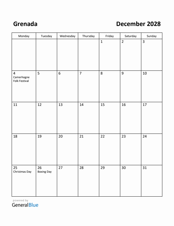 December 2028 Calendar with Grenada Holidays
