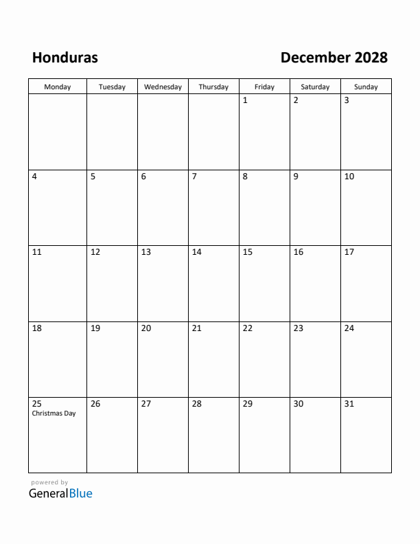 December 2028 Calendar with Honduras Holidays