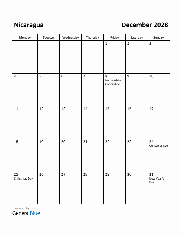 December 2028 Calendar with Nicaragua Holidays