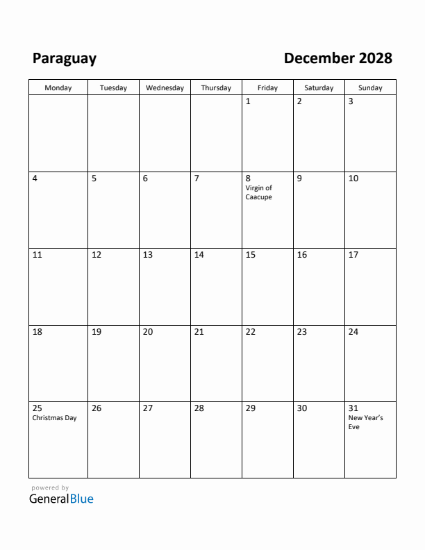 December 2028 Calendar with Paraguay Holidays