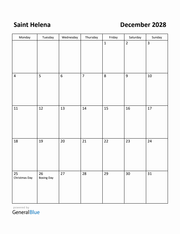 December 2028 Calendar with Saint Helena Holidays